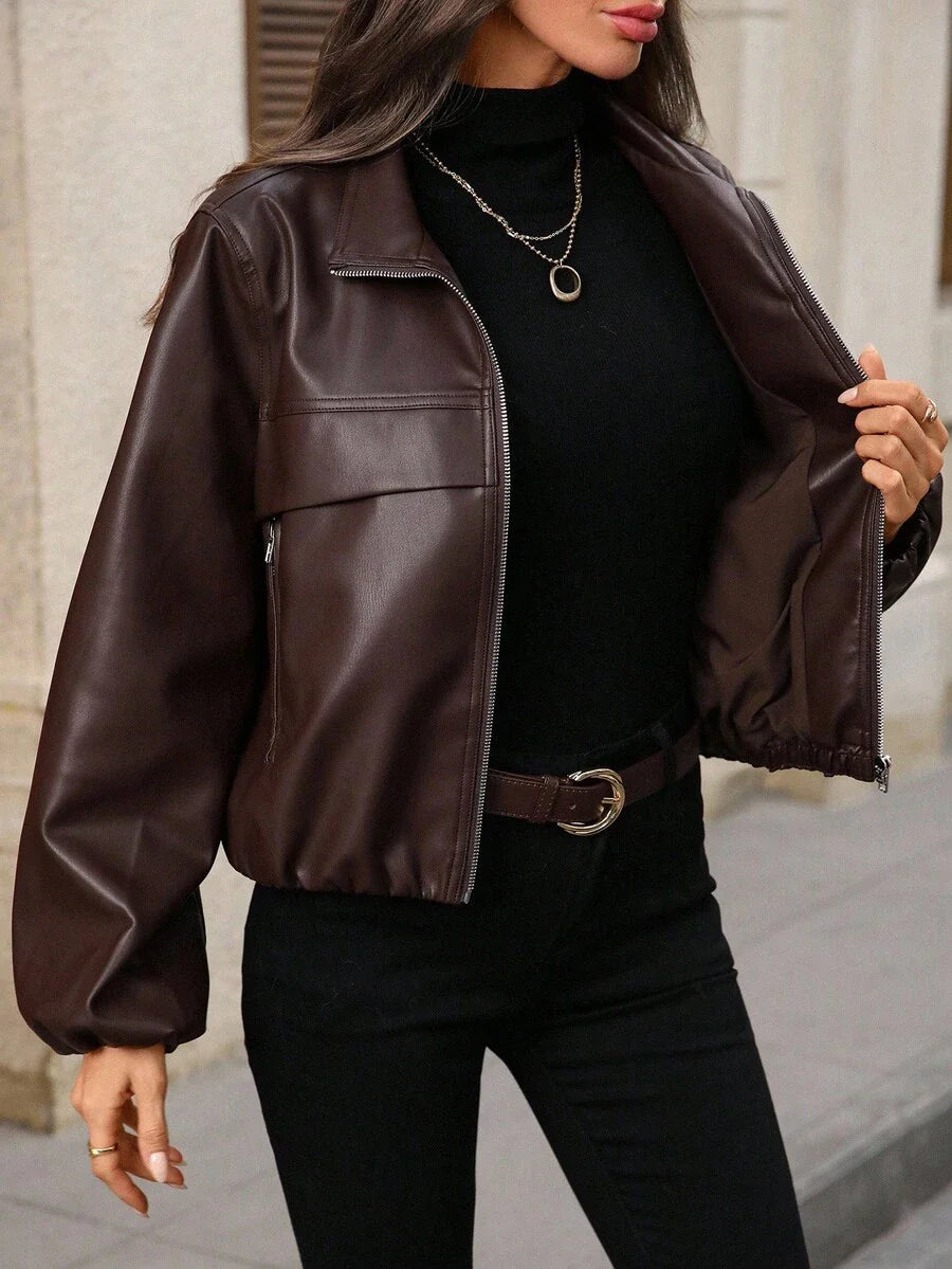 EMERY ROSE Women's Solid Color Lantern Sleeve Zipper Front PU Leather Jacket, Autumn