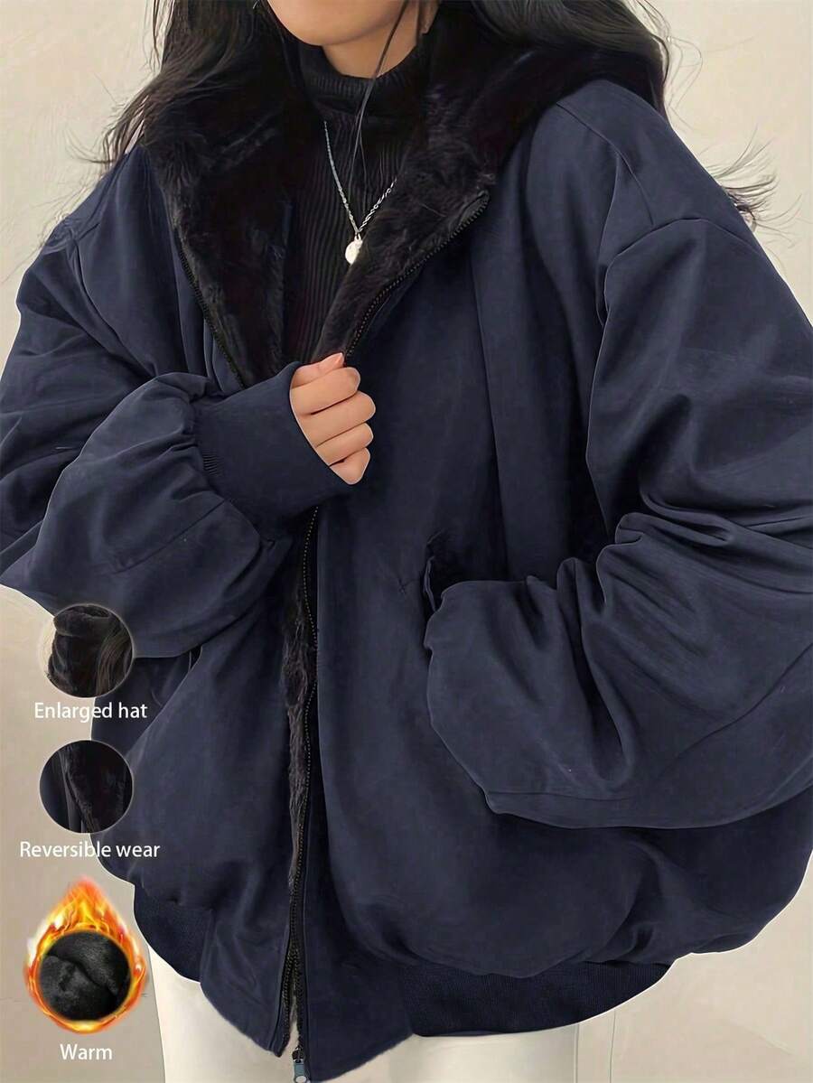 Women's Oversized Hooded Parka With Faux Fur Collar, Slimming Silhouette, Dual-Sided Wear, Daily Street Style, Short Jacket For Autumn/Winter