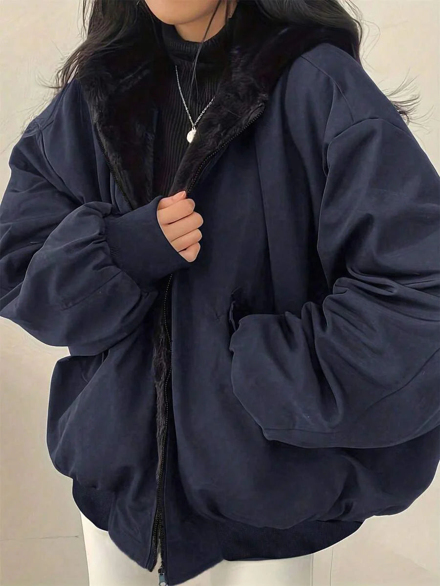 Women's Oversized Hooded Parka With Faux Fur Collar, Slimming Silhouette, Dual-Sided Wear, Daily Street Style, Short Jacket For Autumn/Winter