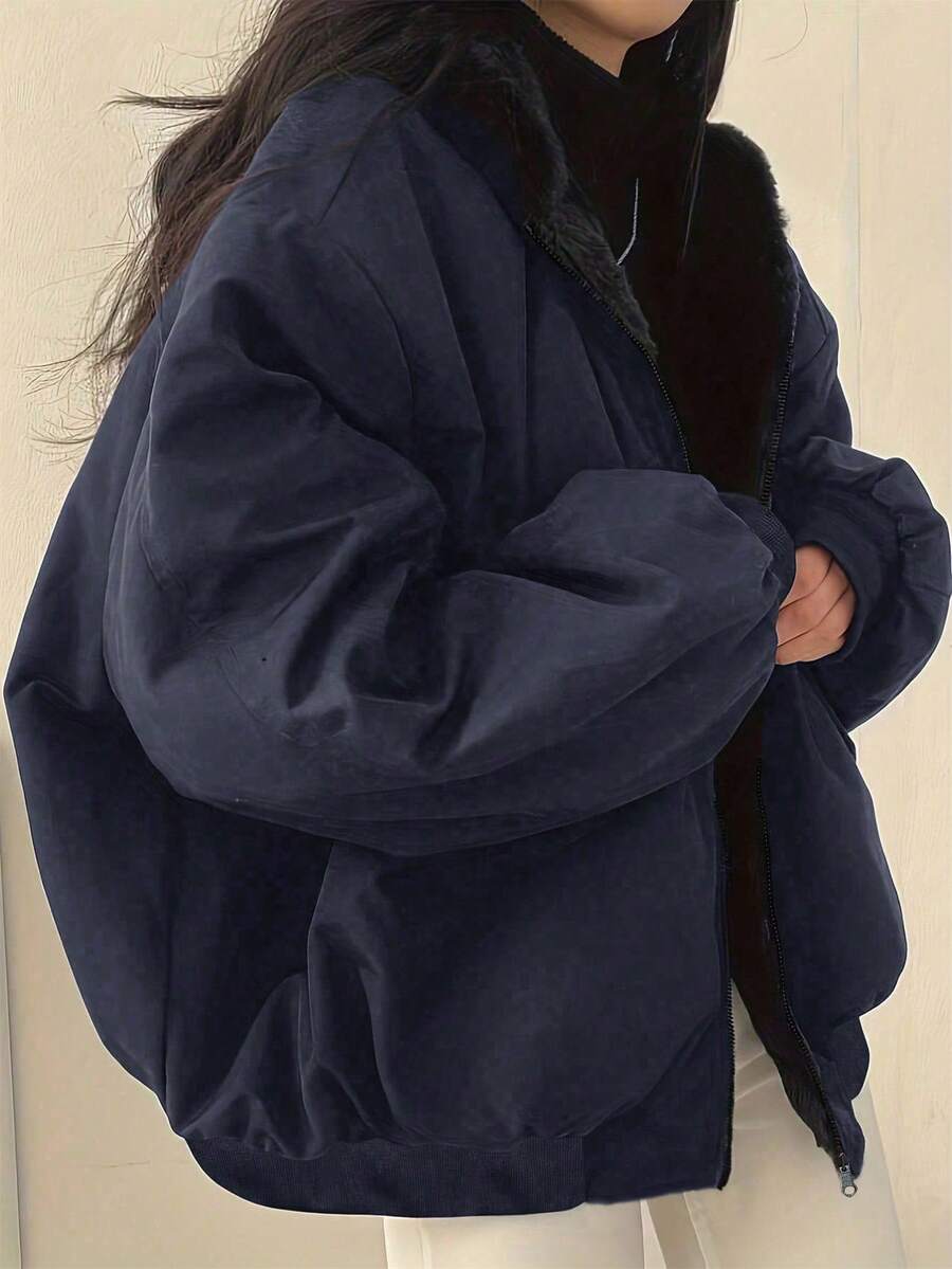 Women's Oversized Hooded Parka With Faux Fur Collar, Slimming Silhouette, Dual-Sided Wear, Daily Street Style, Short Jacket For Autumn/Winter
