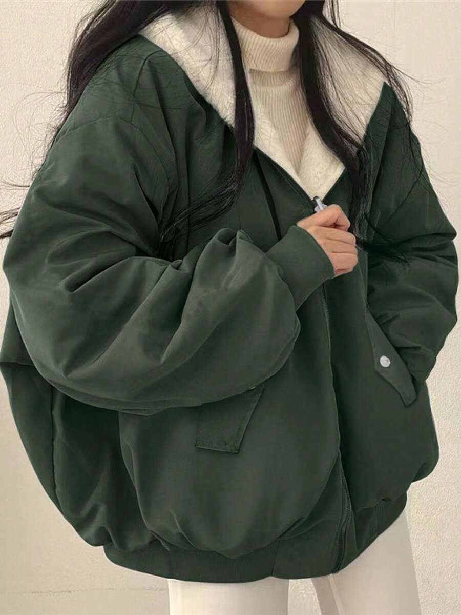 Women's Oversized Hooded Parka With Faux Fur Collar, Slimming Silhouette, Dual-Sided Wear, Daily Street Style, Short Jacket For Autumn/Winter