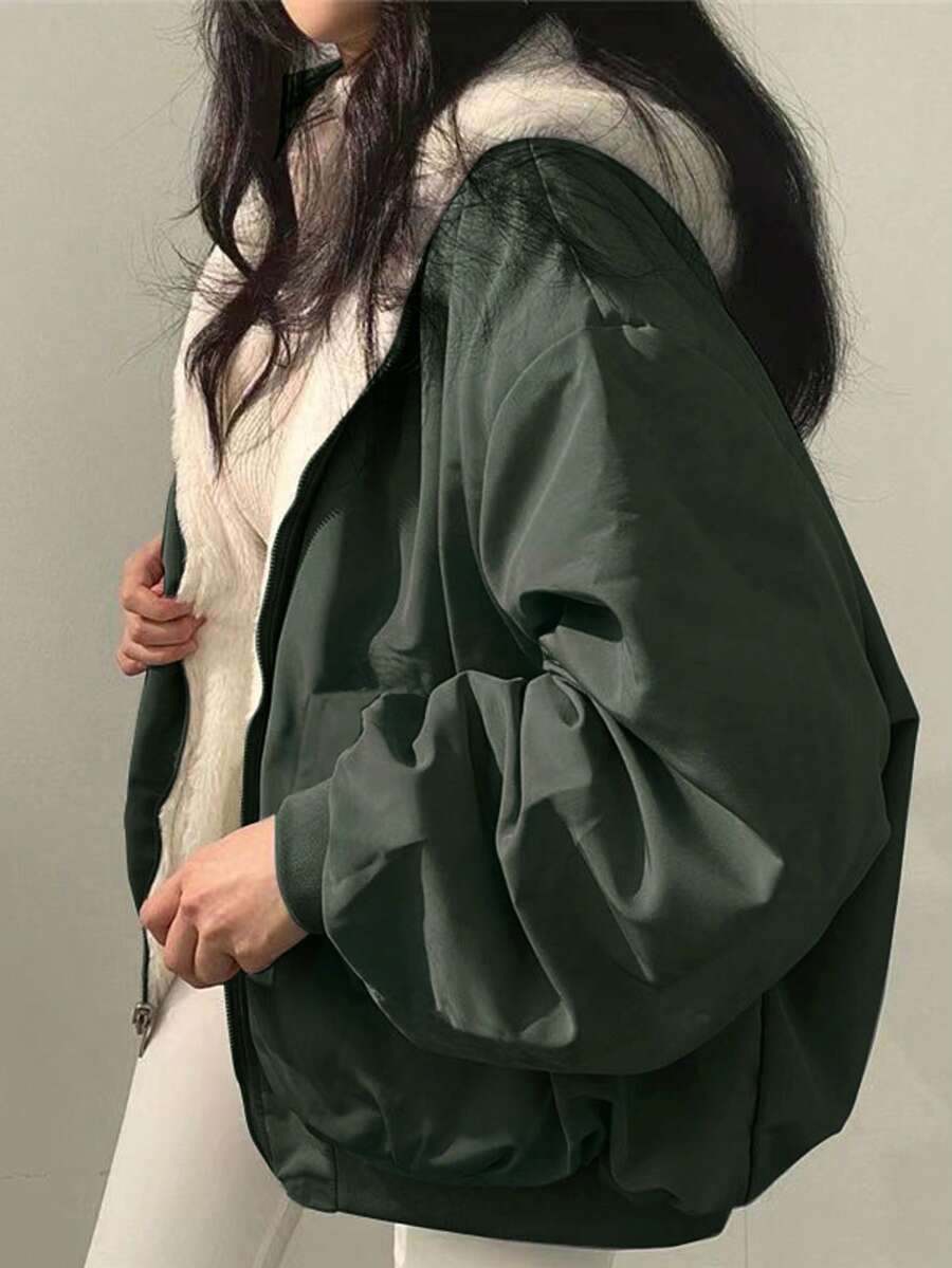 Women's Oversized Hooded Parka With Faux Fur Collar, Slimming Silhouette, Dual-Sided Wear, Daily Street Style, Short Jacket For Autumn/Winter