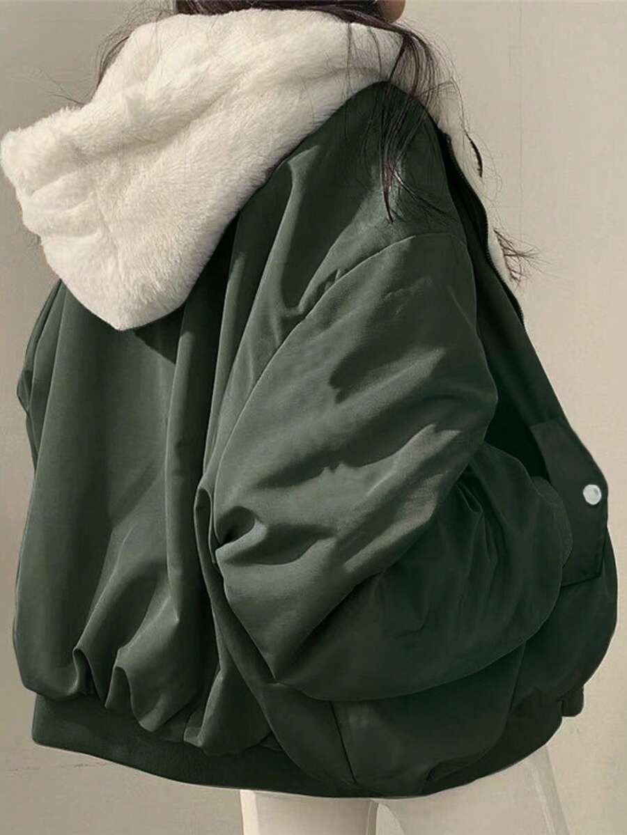 Women's Oversized Hooded Parka With Faux Fur Collar, Slimming Silhouette, Dual-Sided Wear, Daily Street Style, Short Jacket For Autumn/Winter