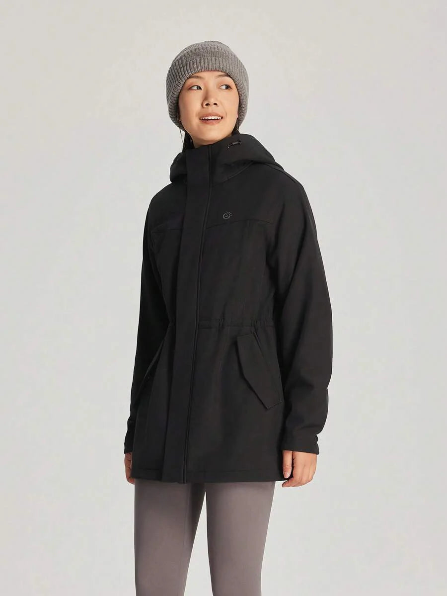 TECTOP Women's Hooded Softshell Jacket, Windproof, Hiking, Cinched Waist, Mid-Length, Thermal Lining, Autumn/Winter, Fleece