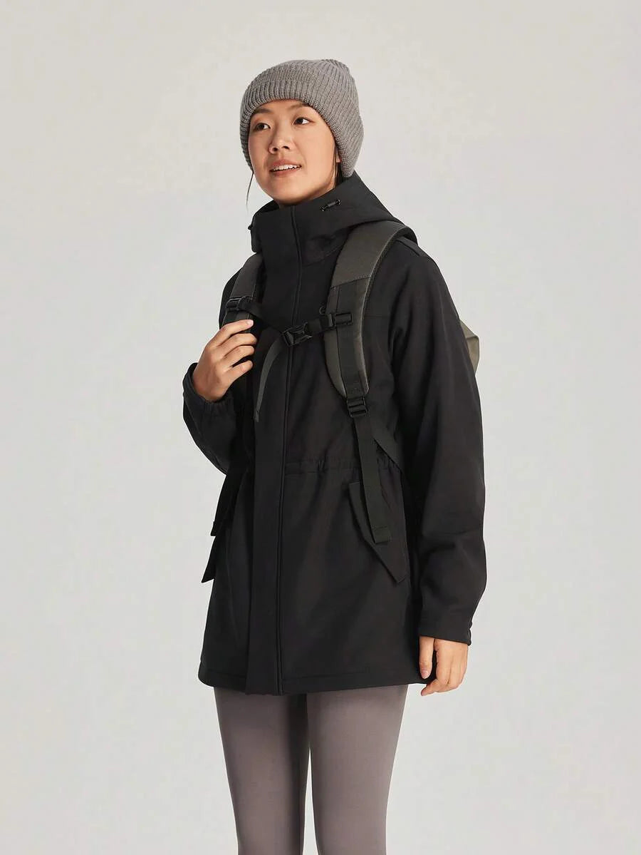 TECTOP Women's Hooded Softshell Jacket, Windproof, Hiking, Cinched Waist, Mid-Length, Thermal Lining, Autumn/Winter, Fleece