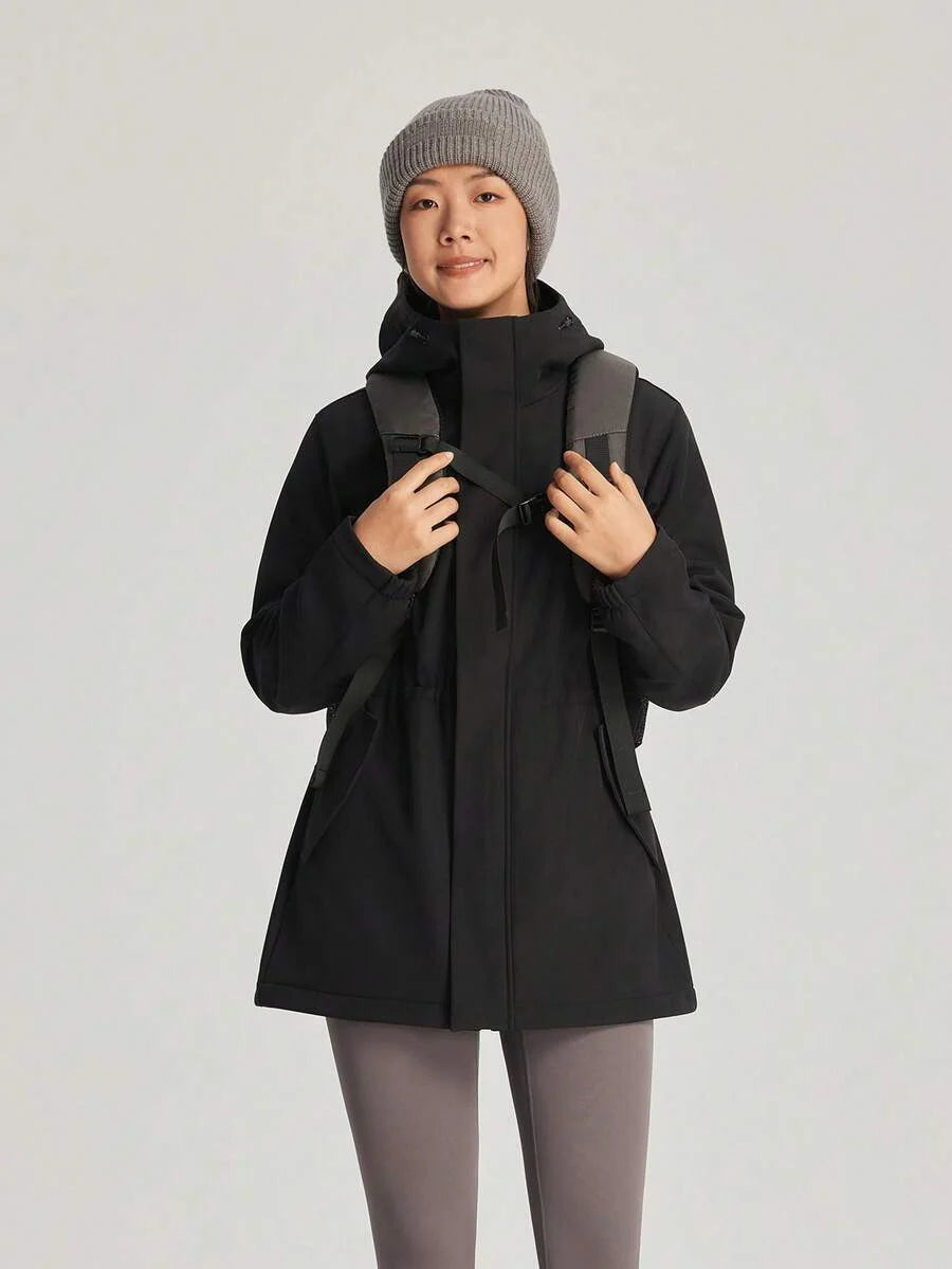 TECTOP Women's Hooded Softshell Jacket, Windproof, Hiking, Cinched Waist, Mid-Length, Thermal Lining, Autumn/Winter, Fleece
