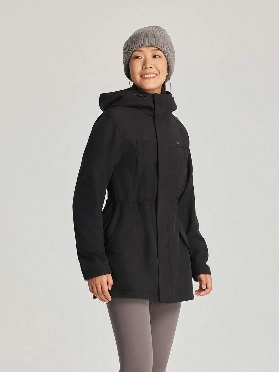 TECTOP Women's Hooded Softshell Jacket, Windproof, Hiking, Cinched Waist, Mid-Length, Thermal Lining, Autumn/Winter, Fleece