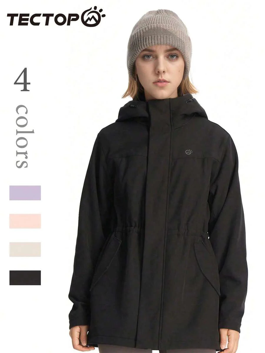 TECTOP Women's Hooded Softshell Jacket, Windproof, Hiking, Cinched Waist, Mid-Length, Thermal Lining, Autumn/Winter, Fleece