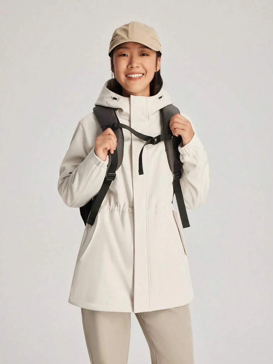 TECTOP Women's Hooded Softshell Jacket, Windproof, Hiking, Cinched Waist, Mid-Length, Thermal Lining, Autumn/Winter, Fleece