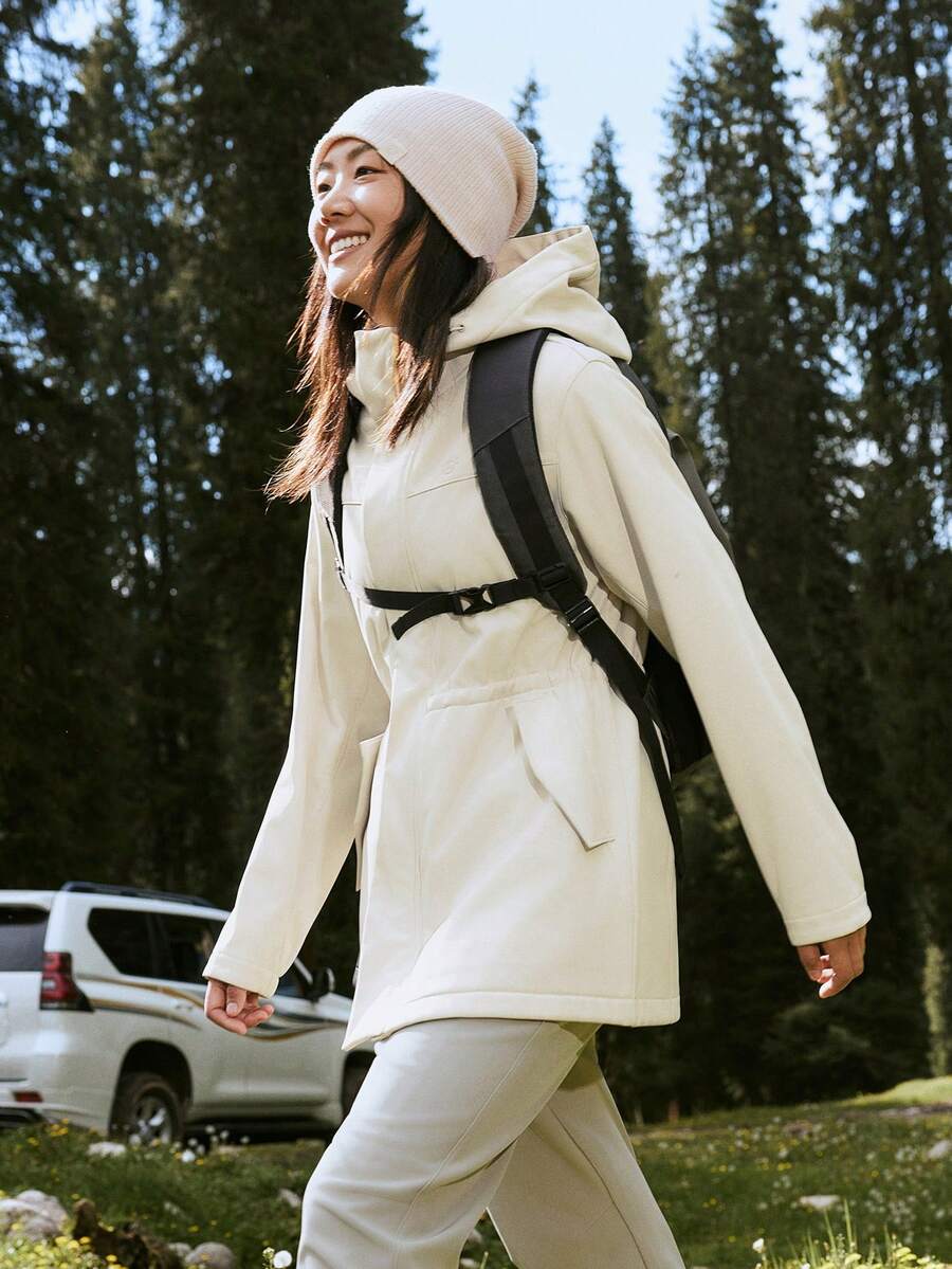 TECTOP Women's Hooded Softshell Jacket, Windproof, Hiking, Cinched Waist, Mid-Length, Thermal Lining, Autumn/Winter, Fleece