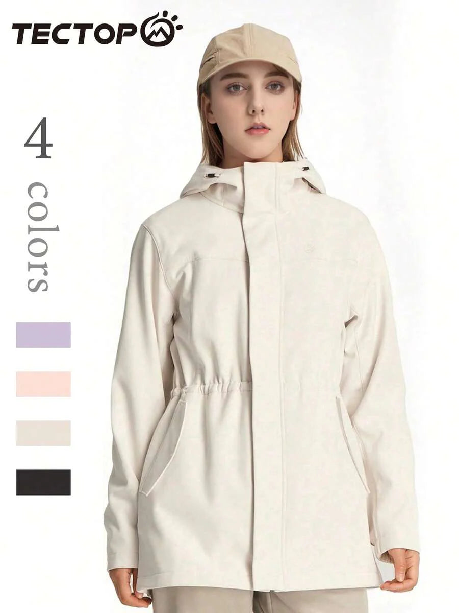 TECTOP Women's Hooded Softshell Jacket, Windproof, Hiking, Cinched Waist, Mid-Length, Thermal Lining, Autumn/Winter, Fleece