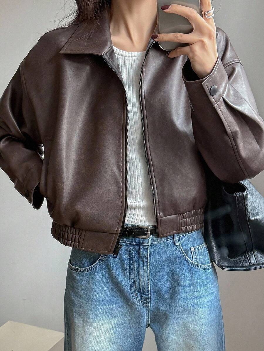 DAZY Spring New Distressed Leather Jacket, Short Style Lady Casual Outerwear, Fall Clothes