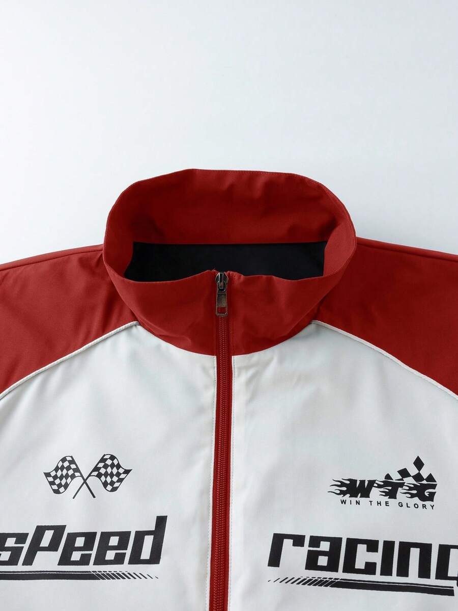 Manfinity EMRG Men's Color-Blocking Zipper Letter Printed Casual Long Sleeve Outdoor Windbreaker Jacket Coat