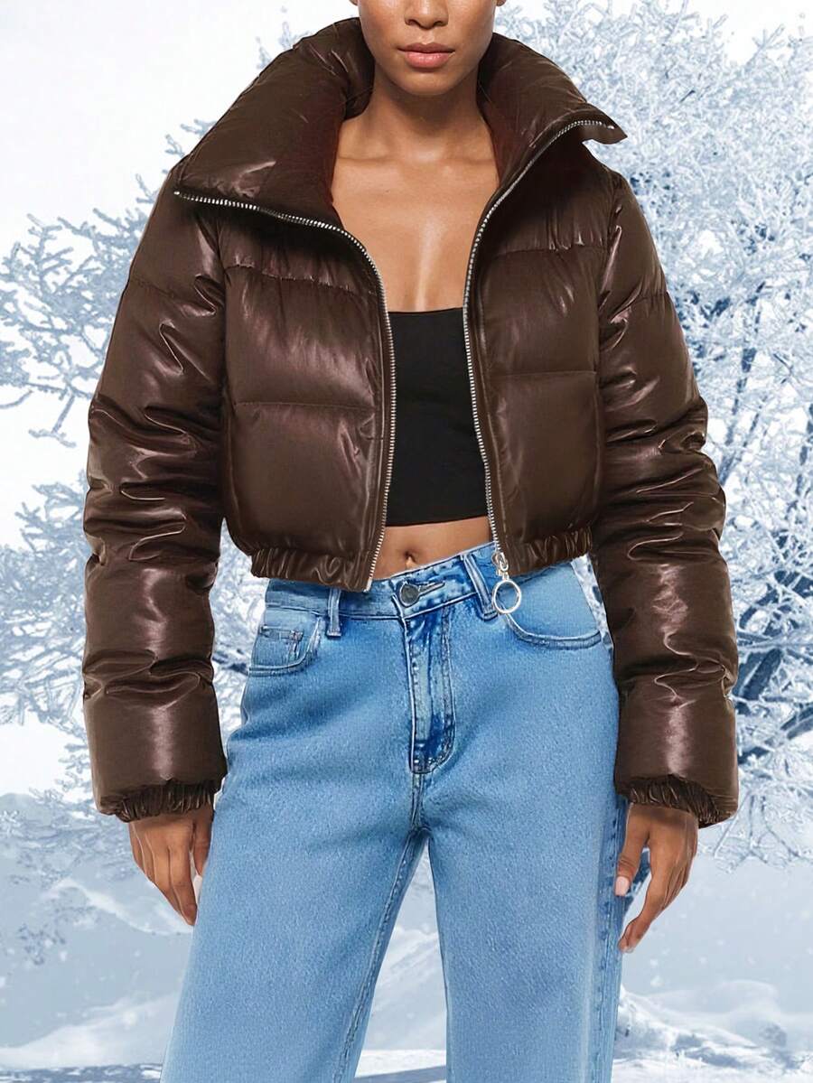 Winter Fashion Black Short Outdoor Warm Winter Jacket. Zipper Flap With Pocket.