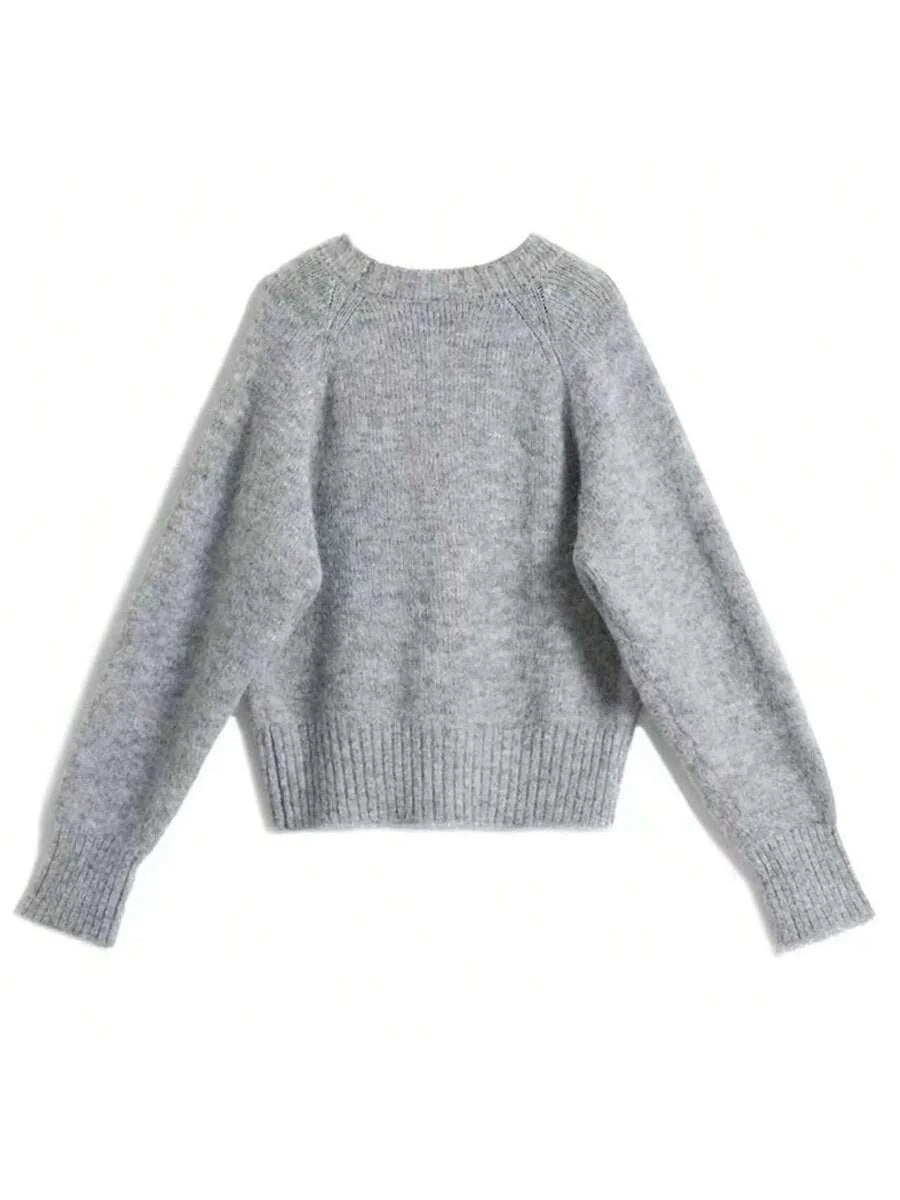 Bow Knit Pullover Sweater, Ribbed Crew Neck Cute Sweater For Women, Autumn