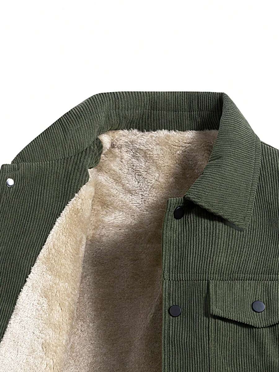 1pc Black Corduroy Thermal Lined Jacket, Outdoor Camping Style, Water-Resistant