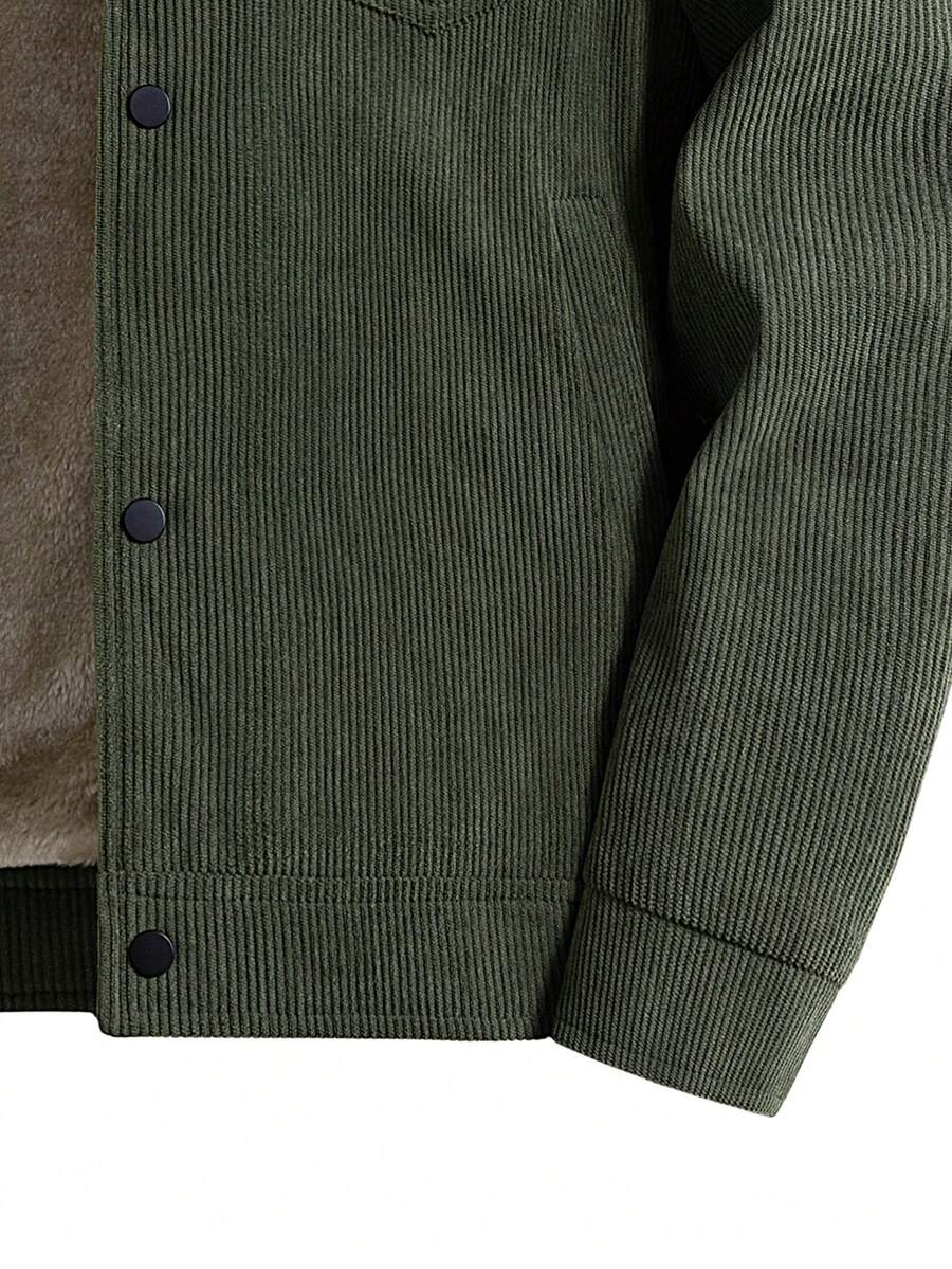 1pc Black Corduroy Thermal Lined Jacket, Outdoor Camping Style, Water-Resistant