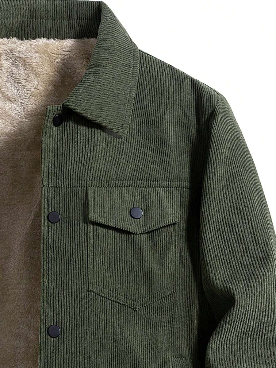 1pc Black Corduroy Thermal Lined Jacket, Outdoor Camping Style, Water-Resistant