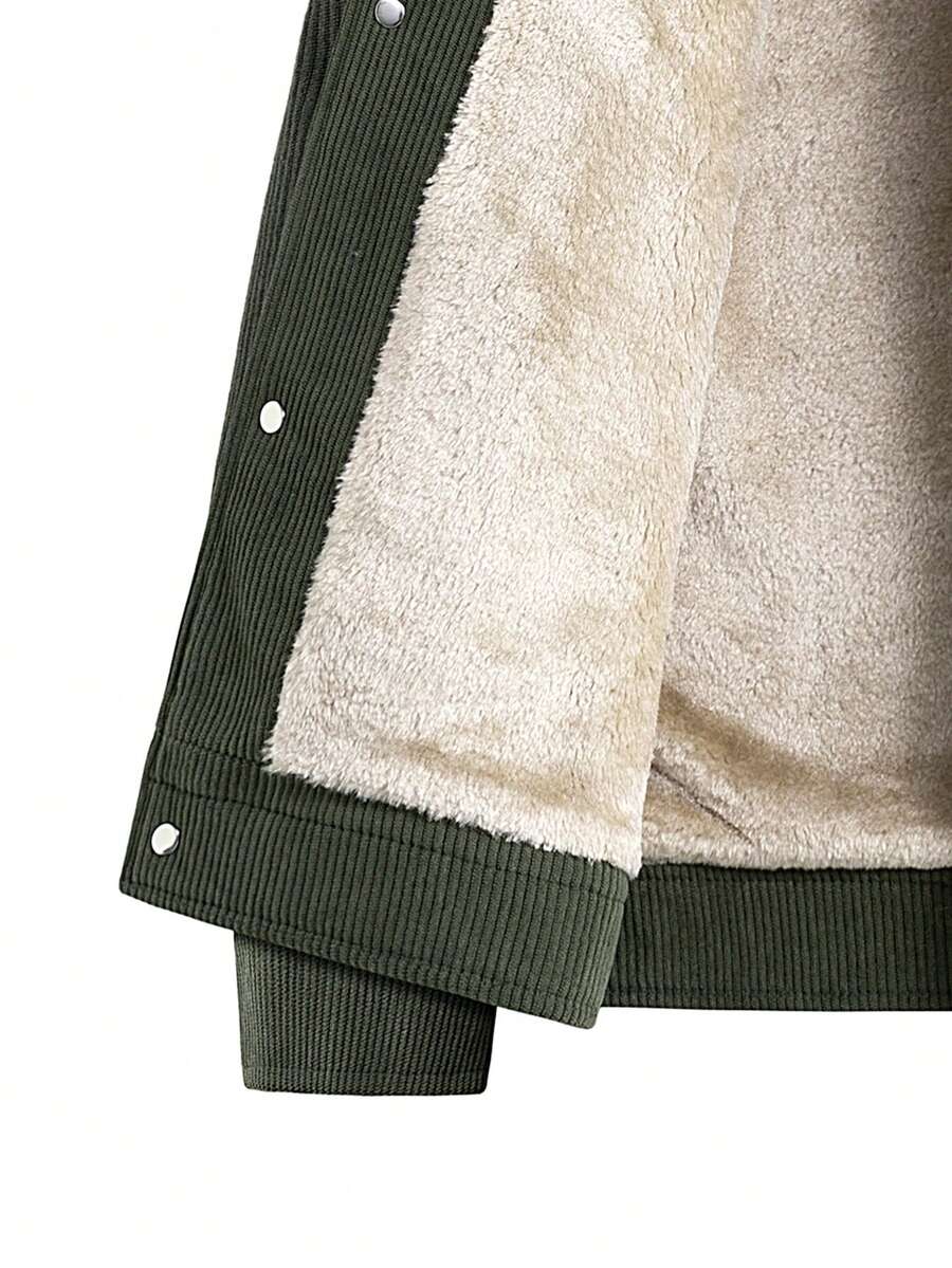 1pc Black Corduroy Thermal Lined Jacket, Outdoor Camping Style, Water-Resistant