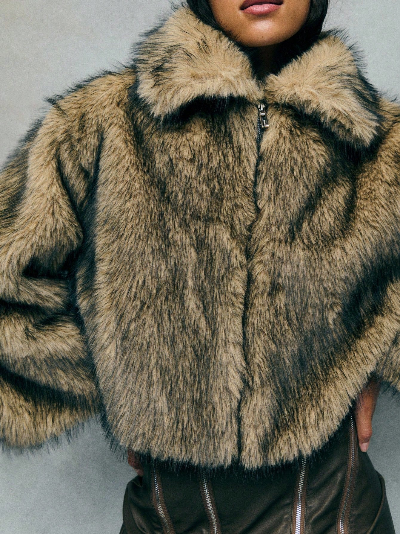 TypaGal Stand Out In Style With This Ash Brown Faux Fur Zip-Up Jacket, A Bold Option For Winter Jacket, Winter Coat, And Winter Clothes Women. Its Boxy, Modern Shape Is Ideal For Autumn Clothes And Perfectly Complements Fall Outfits For Women And Work Cl