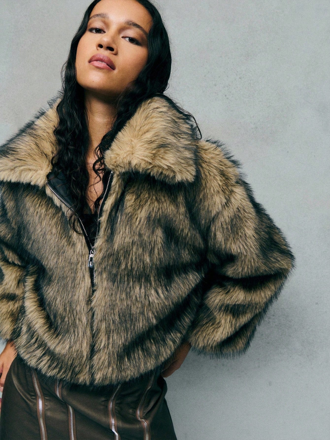TypaGal Stand Out In Style With This Ash Brown Faux Fur Zip-Up Jacket, A Bold Option For Winter Jacket, Winter Coat, And Winter Clothes Women. Its Boxy, Modern Shape Is Ideal For Autumn Clothes And Perfectly Complements Fall Outfits For Women And Work Cl