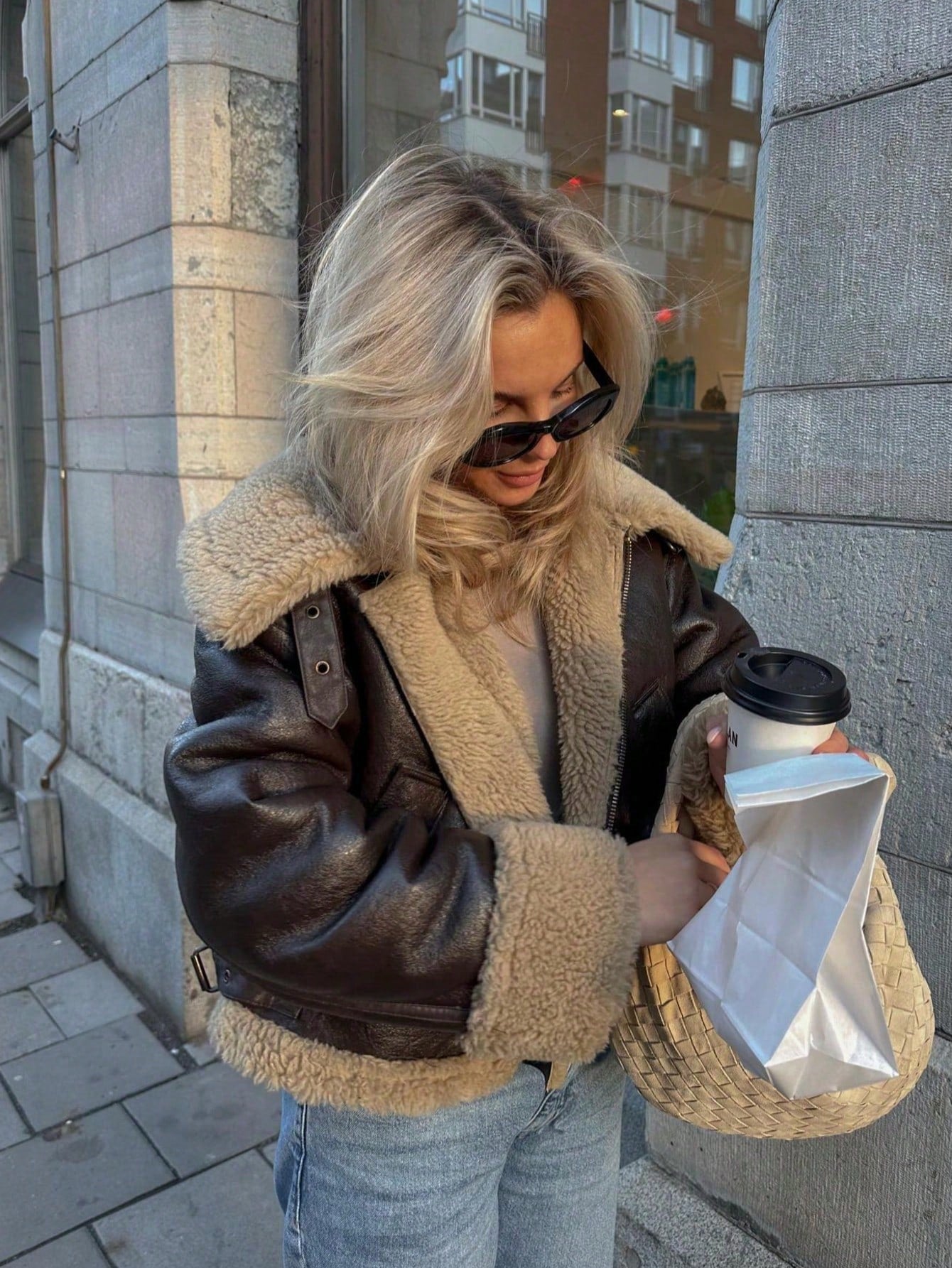 Camellia Winter New Short Warm Double-Sided Motorcycle Jacket, Women's Brown Faux Leather Shearling Collar Coat