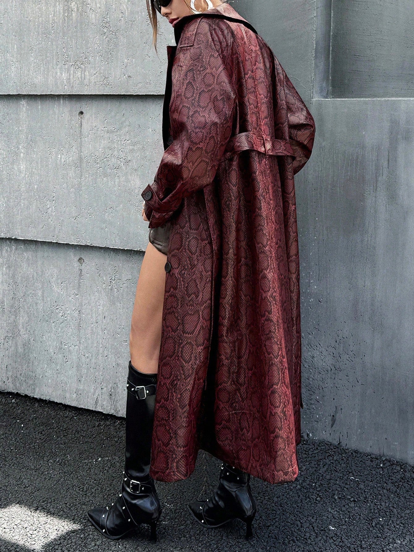 SHEIN ICON Women's Red Python Skin Pattern Animal Print Long Open Front Cinched Waist Coat Windbreaker Jacket, Sexy Street Style, Autumn/Winter