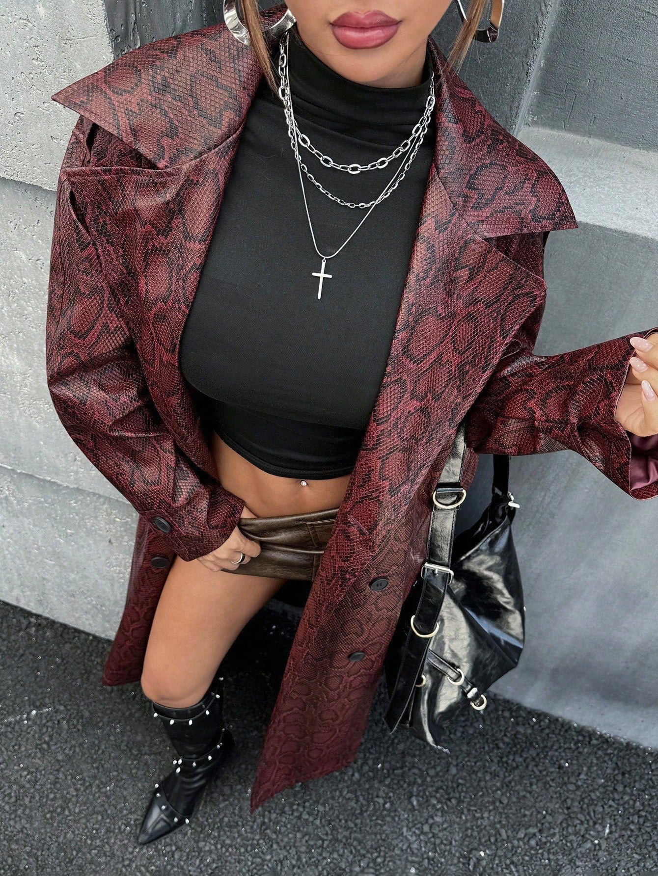 SHEIN ICON Women's Red Python Skin Pattern Animal Print Long Open Front Cinched Waist Coat Windbreaker Jacket, Sexy Street Style, Autumn/Winter