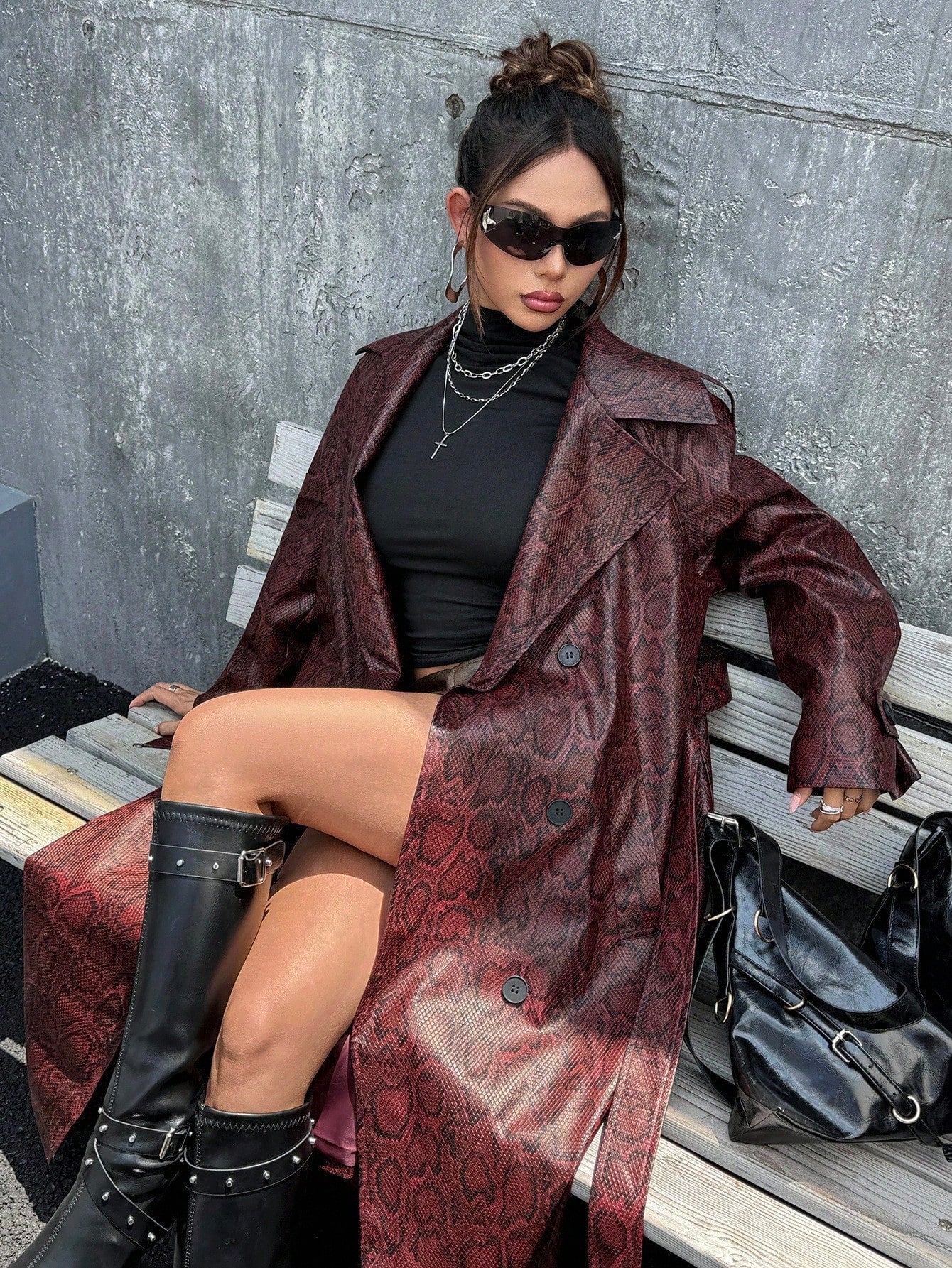 SHEIN ICON Women's Red Python Skin Pattern Animal Print Long Open Front Cinched Waist Coat Windbreaker Jacket, Sexy Street Style, Autumn/Winter