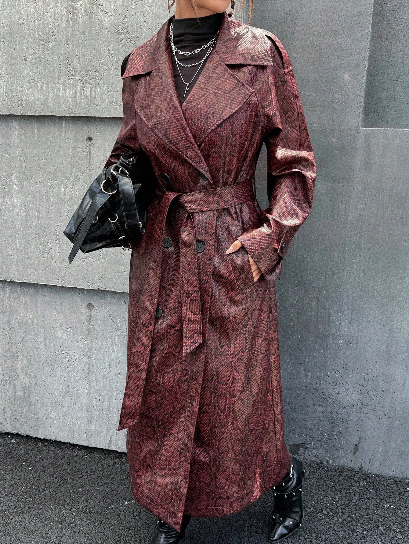 SHEIN ICON Women's Red Python Skin Pattern Animal Print Long Open Front Cinched Waist Coat Windbreaker Jacket, Sexy Street Style, Autumn/Winter