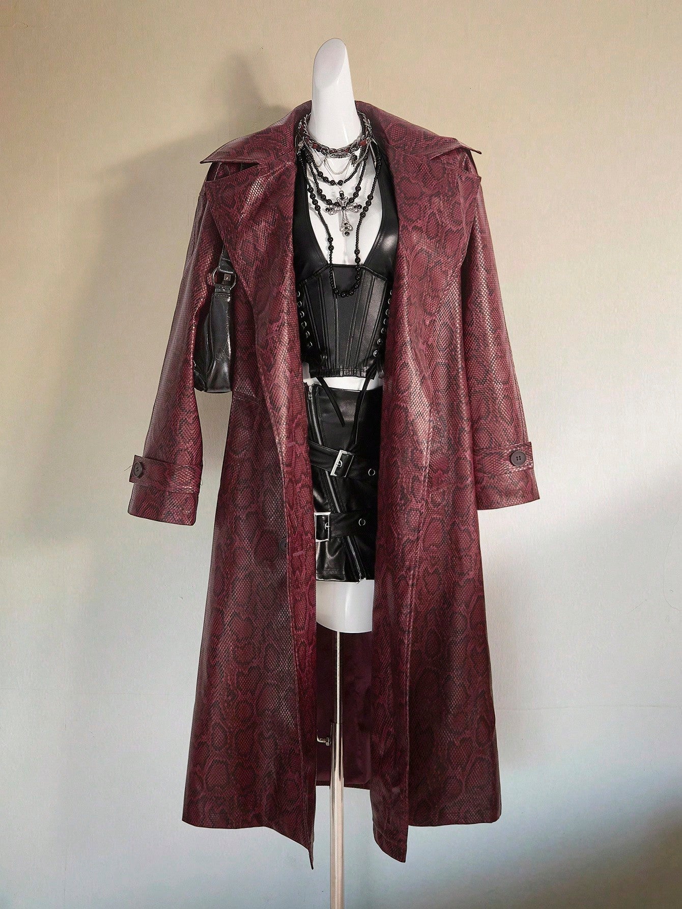 SHEIN ICON Women's Red Python Skin Pattern Animal Print Long Open Front Cinched Waist Coat Windbreaker Jacket, Sexy Street Style, Autumn/Winter