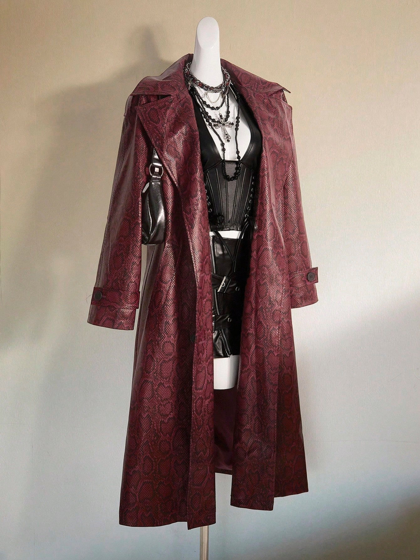 SHEIN ICON Women's Red Python Skin Pattern Animal Print Long Open Front Cinched Waist Coat Windbreaker Jacket, Sexy Street Style, Autumn/Winter