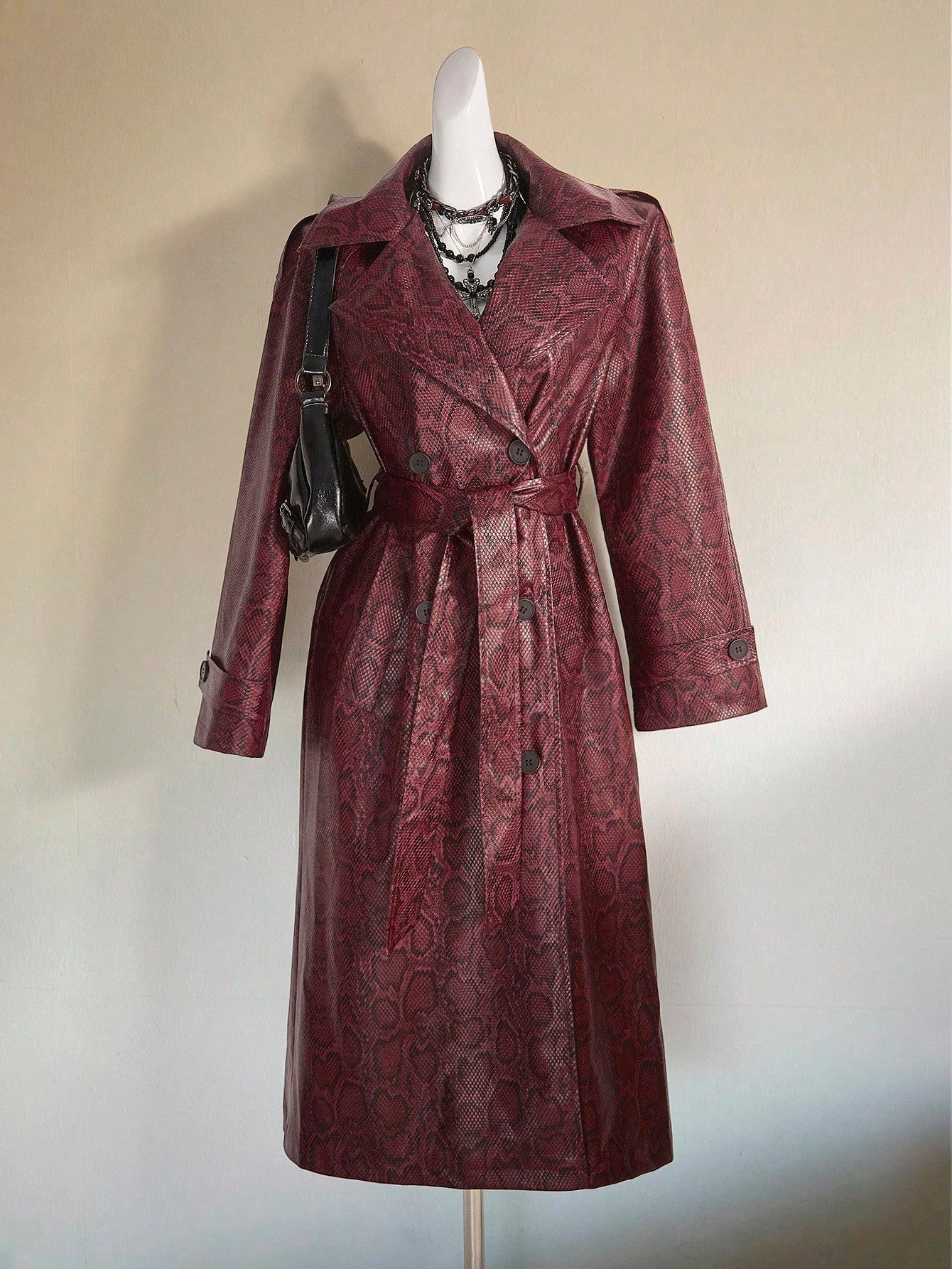 SHEIN ICON Women's Red Python Skin Pattern Animal Print Long Open Front Cinched Waist Coat Windbreaker Jacket, Sexy Street Style, Autumn/Winter