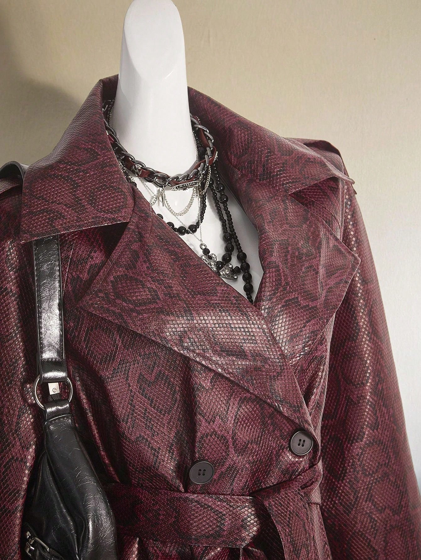 SHEIN ICON Women's Red Python Skin Pattern Animal Print Long Open Front Cinched Waist Coat Windbreaker Jacket, Sexy Street Style, Autumn/Winter