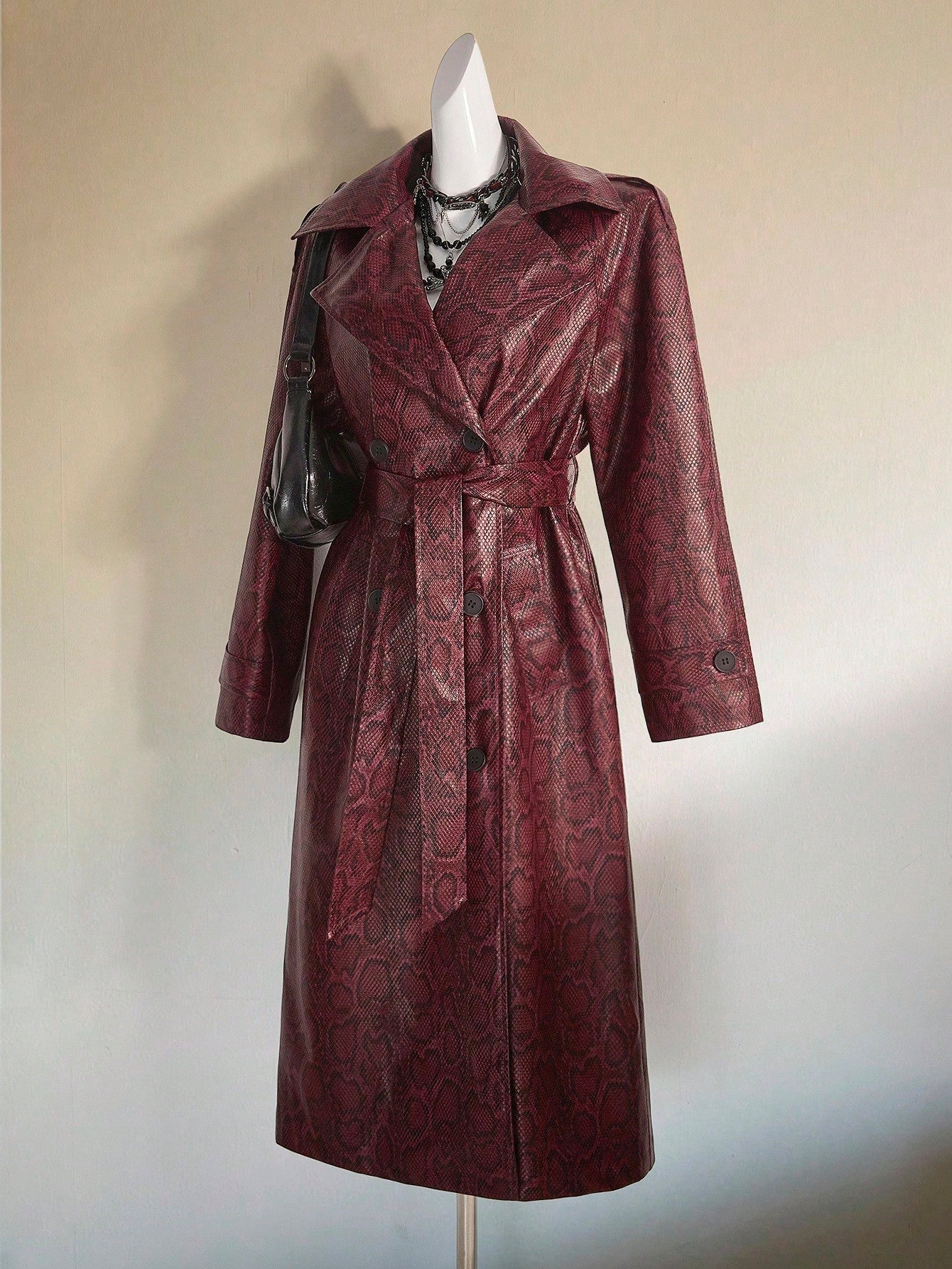 SHEIN ICON Women's Red Python Skin Pattern Animal Print Long Open Front Cinched Waist Coat Windbreaker Jacket, Sexy Street Style, Autumn/Winter