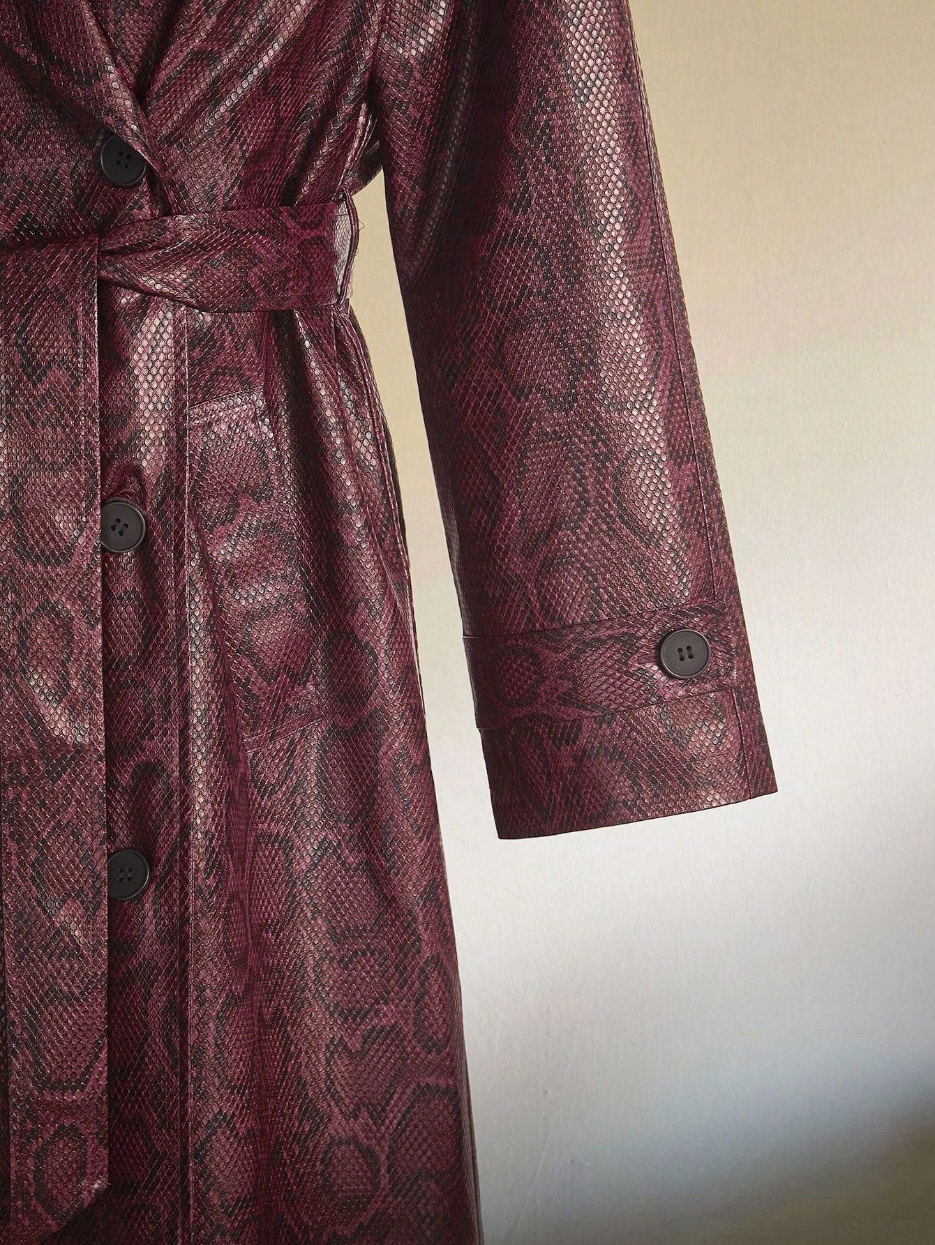 SHEIN ICON Women's Red Python Skin Pattern Animal Print Long Open Front Cinched Waist Coat Windbreaker Jacket, Sexy Street Style, Autumn/Winter