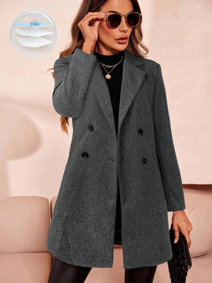 Clasi Women's Solid Color Double-Breasted Long Sleeve Woolen Windbreaker, Fashionable For Autumn/Winter