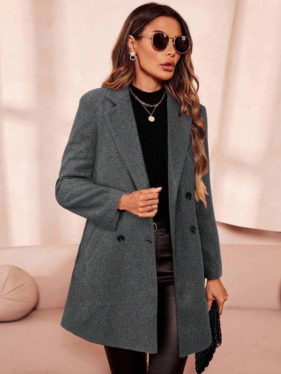 Clasi Women's Solid Color Double-Breasted Long Sleeve Woolen Windbreaker, Fashionable For Autumn/Winter