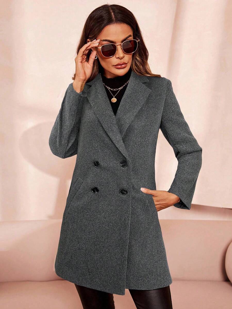 Clasi Women's Solid Color Double-Breasted Long Sleeve Woolen Windbreaker, Fashionable For Autumn/Winter