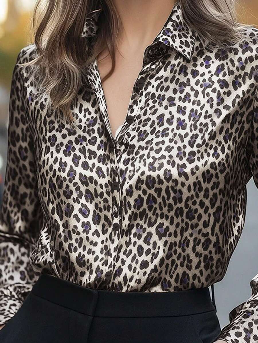 Autumn and Winter Women's Fashion Elegant Temperament Commuter Spring and Autumn Leopard Brown Long Sleeve Fitted Formal Shoulder Shirt