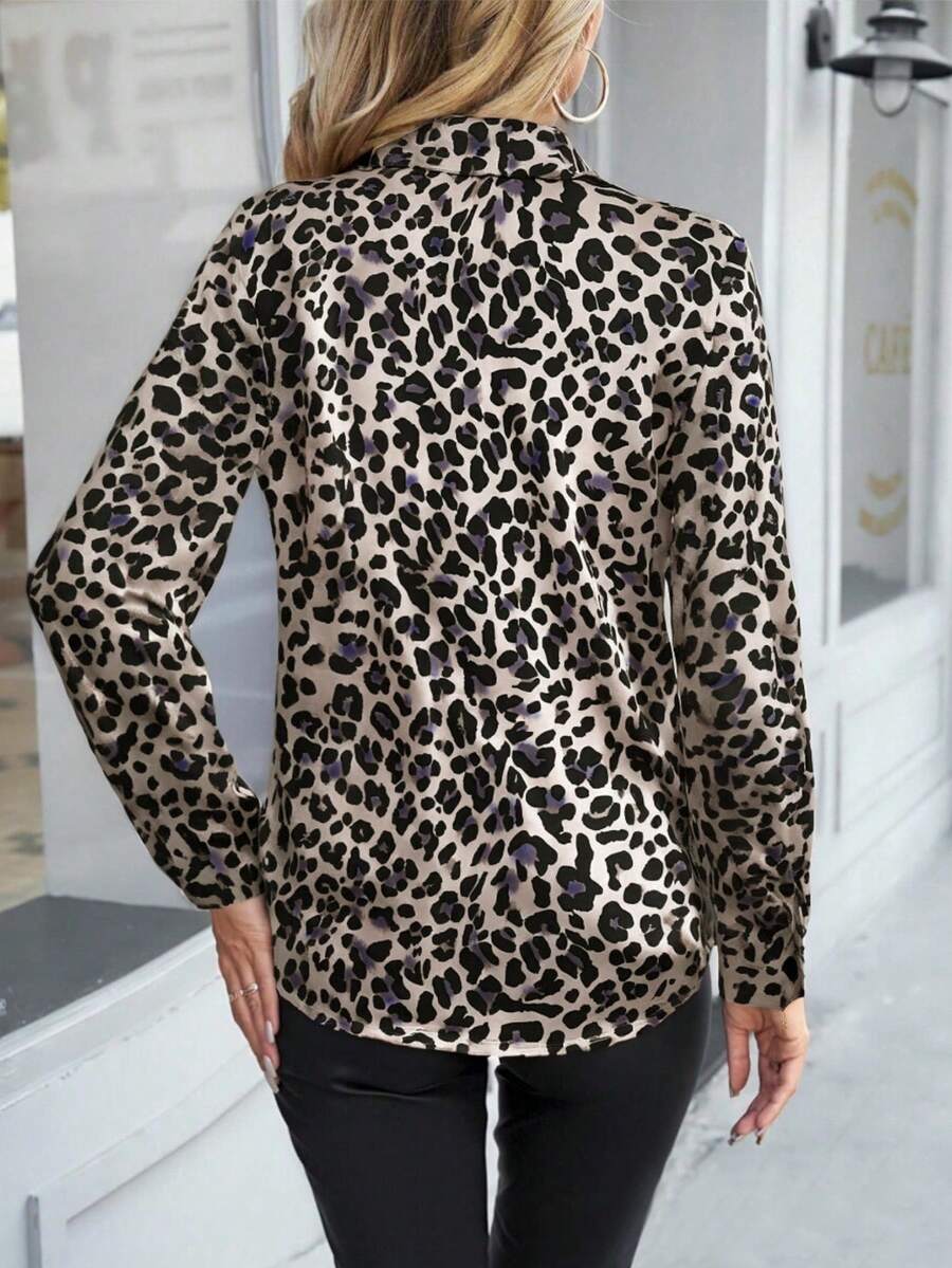 Autumn and Winter Women's Fashion Elegant Temperament Commuter Spring and Autumn Leopard Brown Long Sleeve Fitted Formal Shoulder Shirt