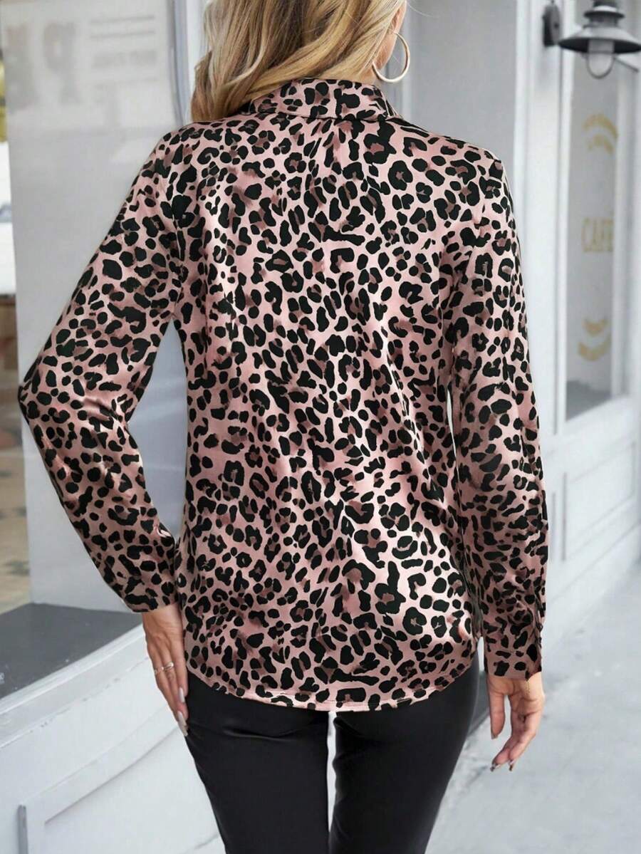 Autumn and Winter Women's Fashion Elegant Temperament Commuter Spring and Autumn Leopard Brown Long Sleeve Fitted Formal Shoulder Shirt