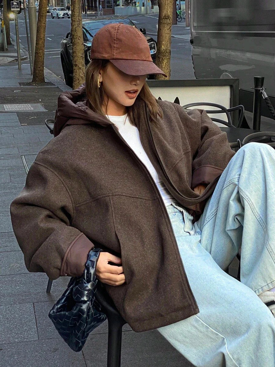 DAZY Women's Solid Color Drop Shoulder Long Sleeve Zipper Front Casual Hooded Winter Jacket