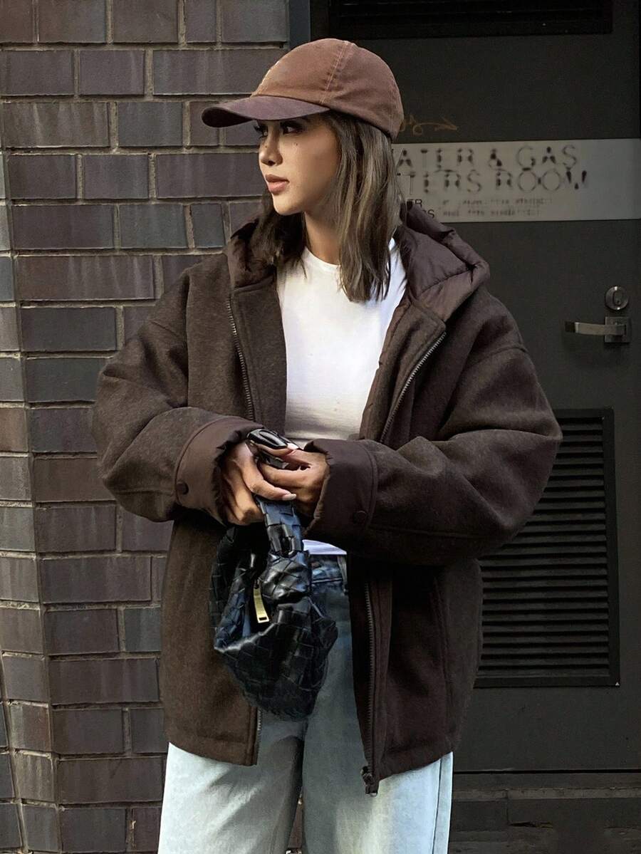 DAZY Women's Solid Color Drop Shoulder Long Sleeve Zipper Front Casual Hooded Winter Jacket