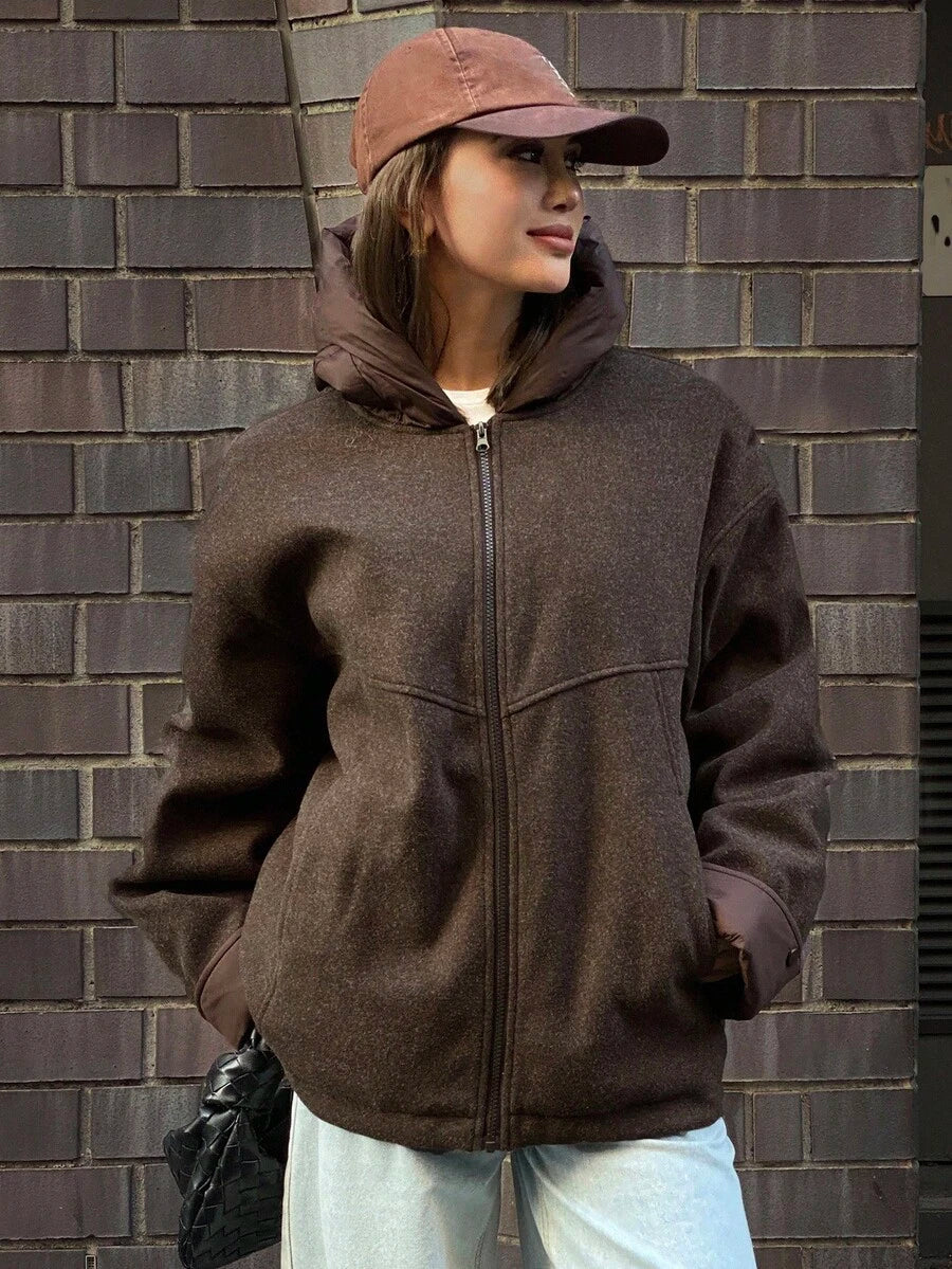 DAZY Women's Solid Color Drop Shoulder Long Sleeve Zipper Front Casual Hooded Winter Jacket