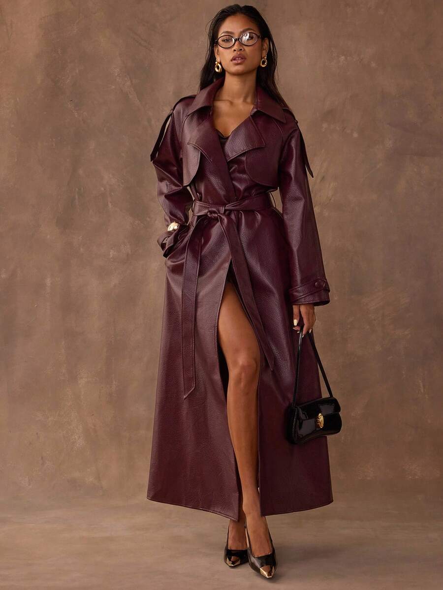 BAE Women's Solid Color Lapel NeckRaglan Sleeve Pocket Belted Casual Commuter Trench Coat, Autumn,Winter Clothes For Women