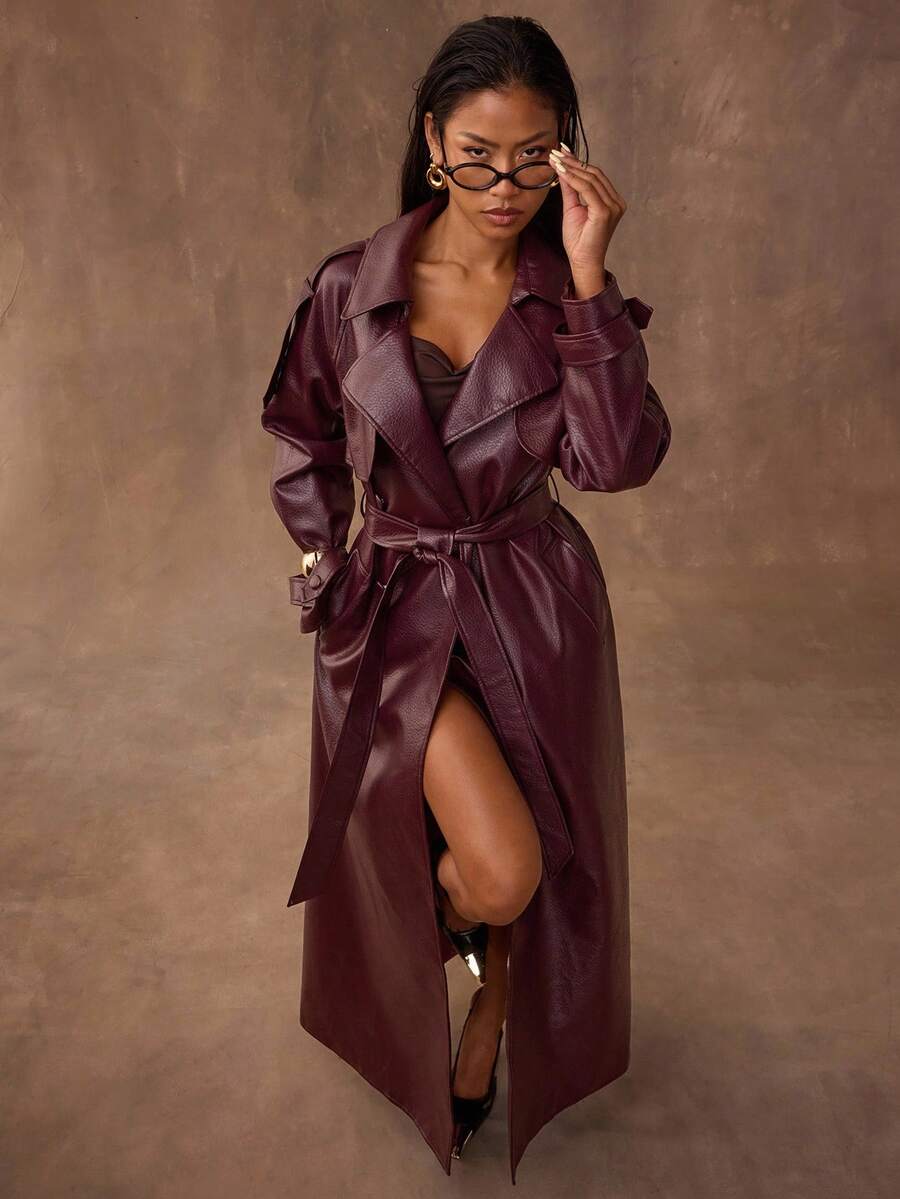 BAE Women's Solid Color Lapel NeckRaglan Sleeve Pocket Belted Casual Commuter Trench Coat, Autumn,Winter Clothes For Women