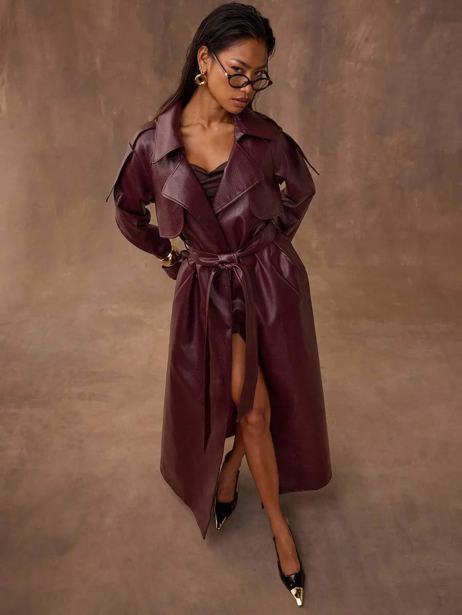 BAE Women's Solid Color Lapel NeckRaglan Sleeve Pocket Belted Casual Commuter Trench Coat, Autumn,Winter Clothes For Women