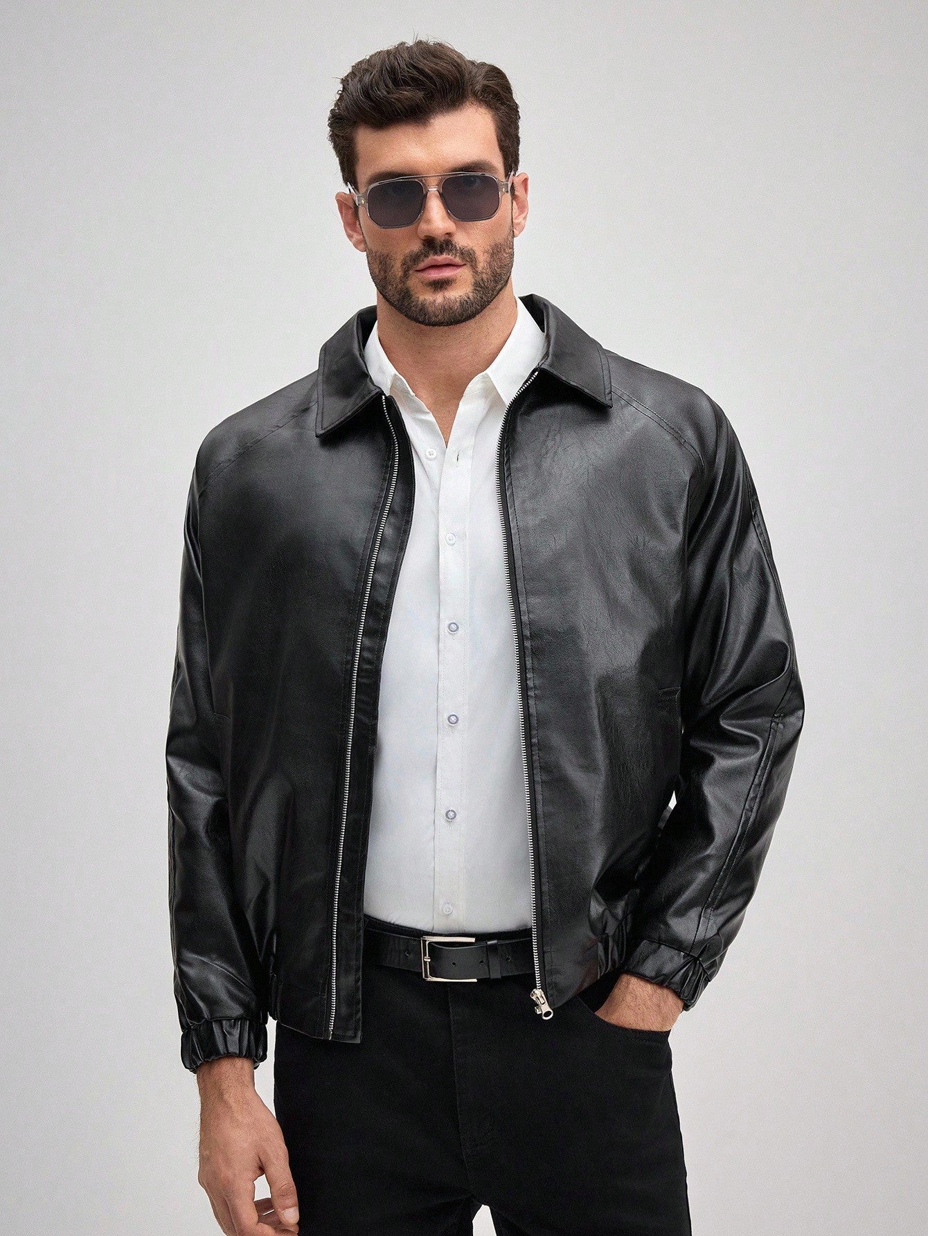 OFFICEAU Men's Old Money Black Shirt Collar Faux PU Leather Jacket, Fall/Winter