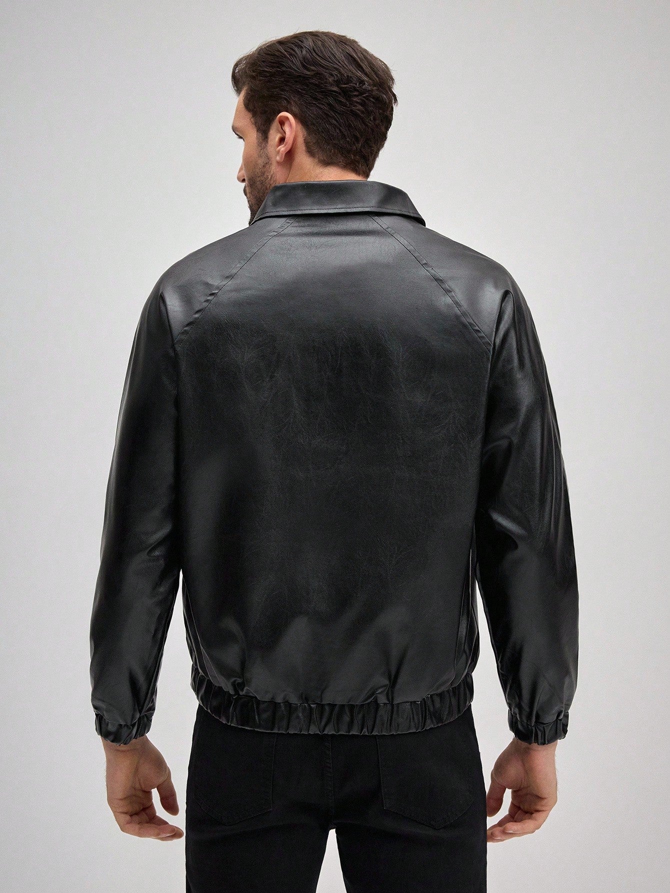 OFFICEAU Men's Old Money Black Shirt Collar Faux PU Leather Jacket, Fall/Winter